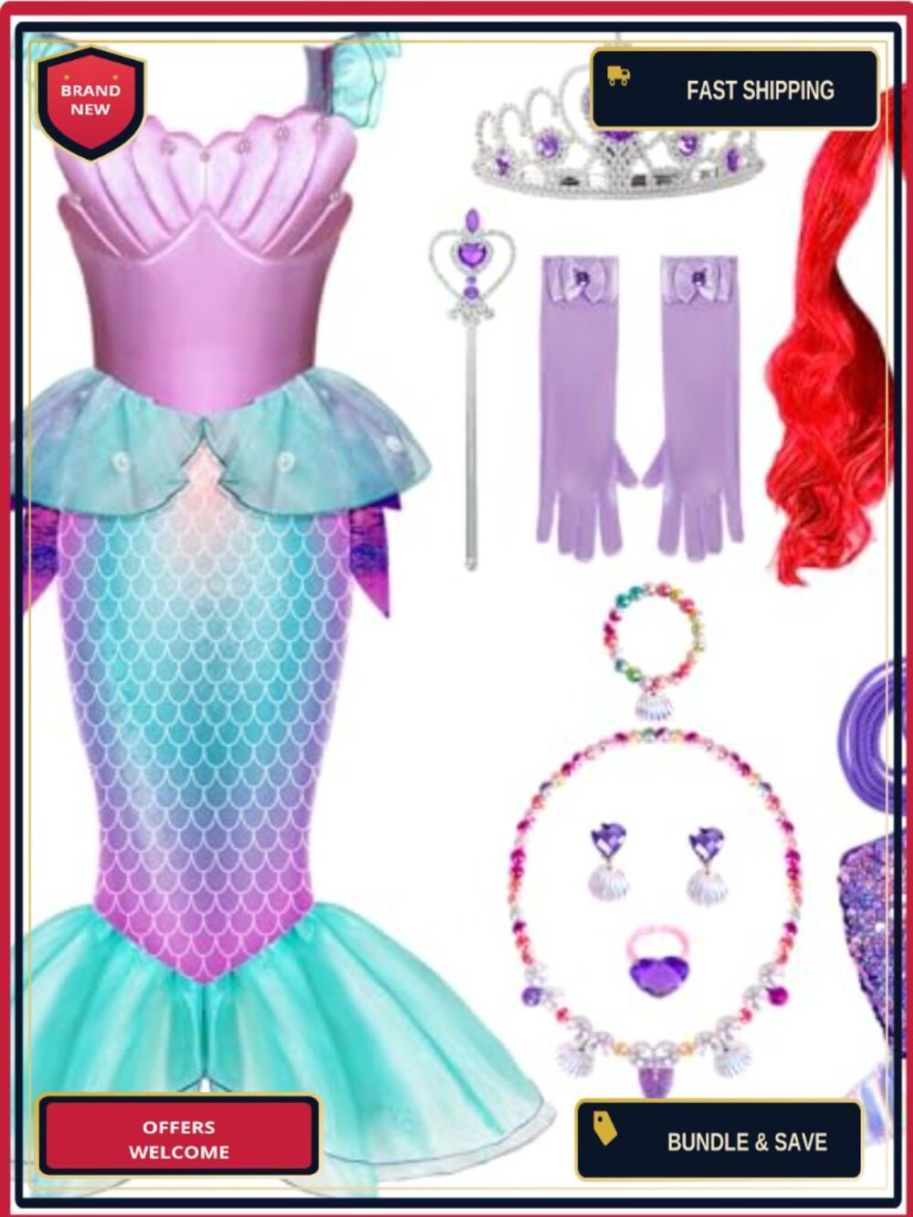 Girls Mermaid Costume Set Dress Crown Wig Wand Princess Dress Up